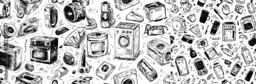 Modern illustration of major appliances, consumer electronics, and kitchenware in a seamless background of hand-drawn doodles with cartoon icons and freehand modern sketches