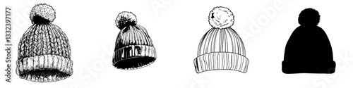A vibrant green winter hat featuring a pompon, depicted in a modern sketch style illustration, is set against a plain white background, showcasing a hand-drawn woolen hat adorned with a large fluffy