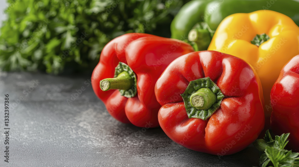 Fresh red, yellow, and green bell peppers with parsley on textured surface Fresh red, yellow, and green bell peppers with parsley on textured surface