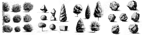 A set of four hand-drawn bushes is presented in a sketch, featuring black nature flora illustrations isolated on a white background with a realistic silhouette and modern design as clip-art