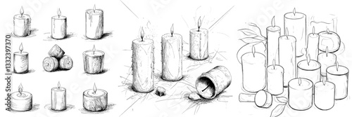 Modern illustration of burning candles is done in a hand drawn style on white