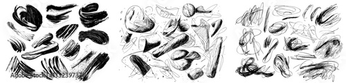 A collection of manually drawn line borders, strokes, scribbles, and design elements are presented on a white background, showcasing a doodle style achieved with brushes, in a monochrome modern eps8
