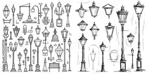 Modern street lights are depicted in a hand-drawn doodle sketch isolated on white, paired with silhouettes of lamp posts, an ink illustration, and a vintage brush template set for decorative design