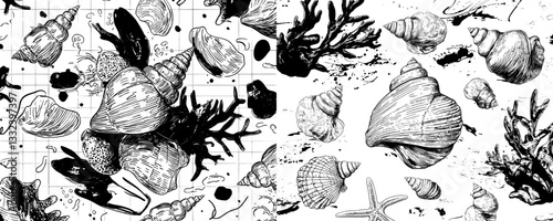 A hand drawn sketch of sea marine shells presented as a modern illustration