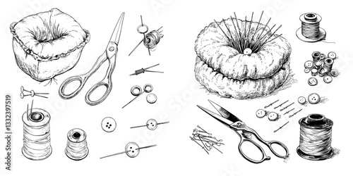 A sewing workshop utilizes diverse tools, showcased through modern illustrations in a hand-drawn style