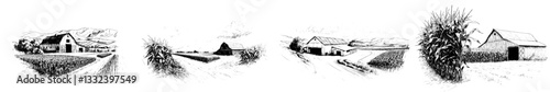 A modern illustration of a rural landscape featuring a field, house, and granary, all hand drawn