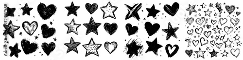 A collection of hand-drawn stars and hearts, featuring grunge elements and brush strokes