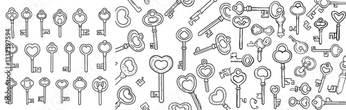 Modern doodles of vintage keys are showcased as individual design elements against a white backdrop