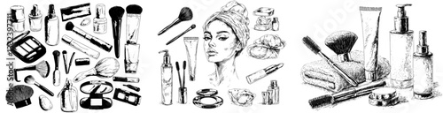 Store for beauty products featuring a makeup artist and hair styling tools