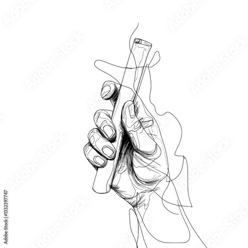 A hand is depicted holding a scroll of paper in a sketch style, set against a white background, featuring a hand-drawn black and white modern illustration of a rolled document or diploma on the human