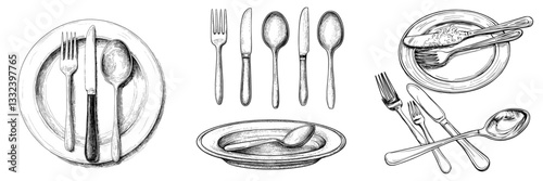 A hand-drawn, modern set of tableware, including a vintage knife, fork, spoon, and dishes, is depicted in a sketch engraving style