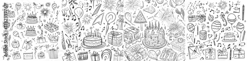 A large collection of hand-drawn doodle cartoon objects and symbols is featured at the birthday party, suitable for designing holiday greeting cards and invitations for weddings, Mother's Day,