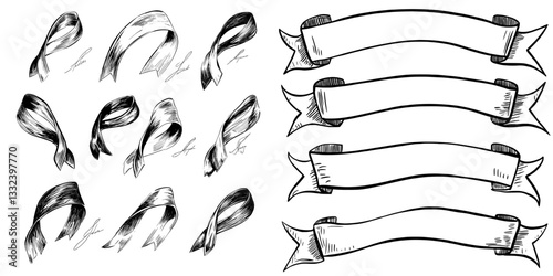 Old vintage banners are featured in this modern, hand drawn illustration of a ribbon set