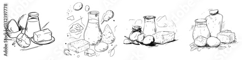 A modern set of hand-drawn dairy elements is isolated on a white background
