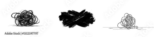 A thread is pulled from one's hand, an object drawn from start to finish, with a solitary scribble on a white backdrop