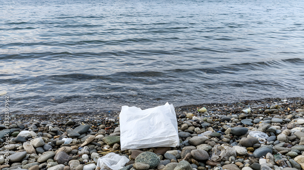 A plastic bag on the shore symbolizes ocean pollution and environmental harm, highlighting the need for ecological awareness and responsible waste management.
A plastic bag on the shore symbolizes ocean pollution and environmental harm, highlighting the need for ecological awareness and responsible waste management.