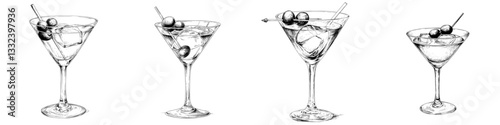 A hand-drawn, vintage-style line art illustration of a martini with an olive, an alcoholic cocktail in a glass, isolated on a white background, in modern style
