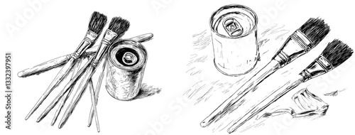 A set of vintage paint brushes and a paint can are depicted in a hand-drawn clip art style, isolated on a white background