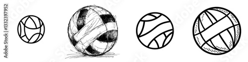 A hand-drawn outline doodle icon of a ball used for playing volleyball, symbolizing valleyball equipment and team sport activity, is presented as a modern sketch illustration on a white background
