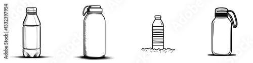 A hand-drawn outline doodle icon of a sports water bottle represents a plastic container for healthy drinks and refreshment, depicted in a modern sketch style suitable for various media