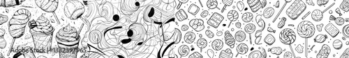 Candies and sweets are depicted in a seamless pattern created from a hand drawn sketch