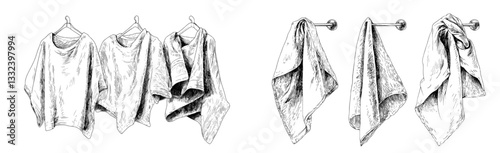 Modern black silhouettes of towels and napkins, a set of isolated shawls