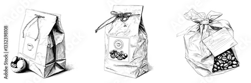 A modern illustration of two paper bags containing coffee beans, created in an engraving style as a sketch