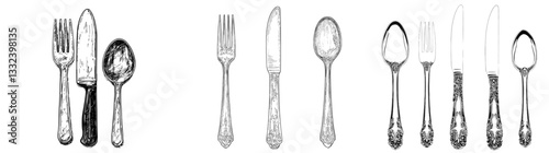 A modern cutlery set comprising forks, spoons, and knives is depicted in a hand-drawn isolated illustration