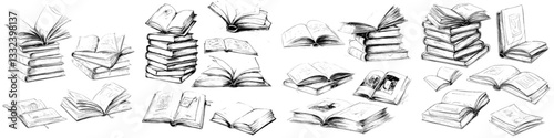 Sketchbooks featuring ink drawings of vintage open books and piles of books represent school education and library doodles with modern symbols