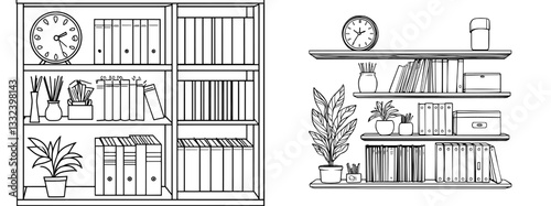 Isolated shelves in a modern office setting depicted in a graphic black and white sketch illustration