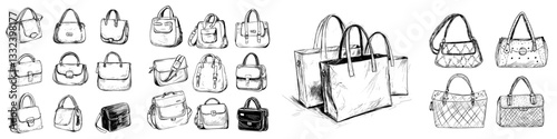 A collection of 9 hand-drawn sketches featuring ladies' handbags as modern fashion accessories, isolated on a background