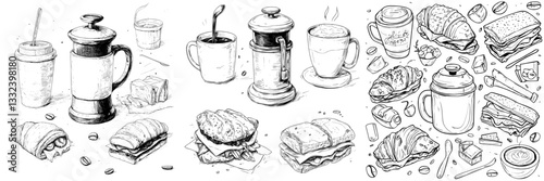 Hand-drawn sketches of coffee, pastries, and sandwiches are presented in a modern set isolated on white