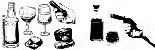 A set of modern whiskey symbols is available, featuring a glass bottle, a man's hand holding a glass of scotch with ice cubes, a wooden alcohol barrel, and a sketch icon of a smoking Havana cigar for