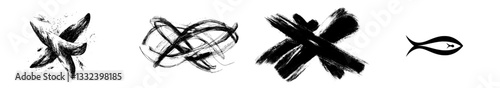 Hand-drawn fish outlines created with a coarse brush, exemplifying a grunge icon, symbol, or logo, rendered in sketch, watercolor, paint, or ink