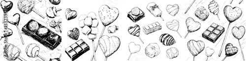 A set of hand-drawn sweets including chocolate candies, lollipops, and marmalade, presented in a vintage yet modern style