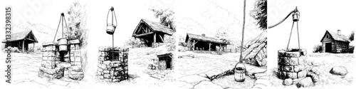 Wallpaper Mural An old well featuring a wooden bucket, depicted in a sketch with an engraving style, is presented as a modern illustration Torontodigital.ca