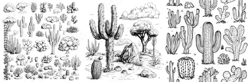 Engraving-style illustrations of cactus and succulents, hand-drawn with vintage flair, depict floral objects isolated on white for use in design