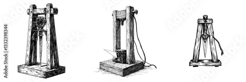 A sketch of a vintage first printing press is depicted in a modern illustration, created in a scratch board style imitation with hand-drawn details