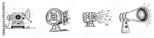 The modern camera is depicted in a stylish sketch illustration with an isolated outline