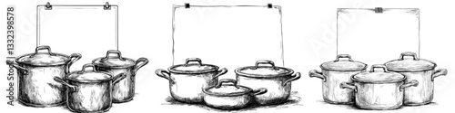 A modern illustration of a pan casserole pot set and kitchen utensils is rendered in a black and white hand-drawn image, utilizing a scratch board style imitation and incorporating a sketch engraving