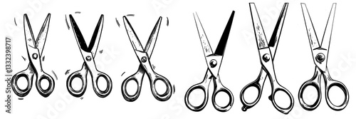 A collection of antique scissors is depicted in a hand-drawn, vintage style black and white clip art, isolated on a white background, showcasing a rare item of vintage scissors