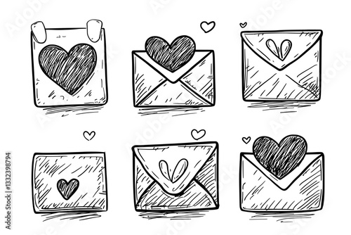 Hands in doodle style and a set of envelopes are the focus of a modern illustration, which also includes drawings of letters