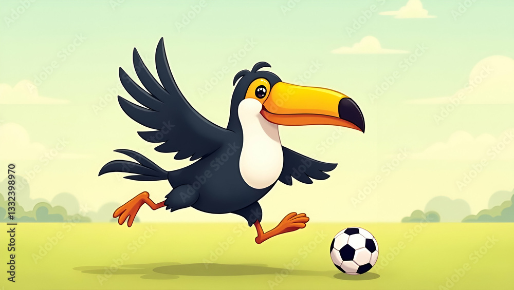 Naklejka premium Cartoon Toucan Kicking Soccer Ball: Fun Sports Illustration for Kids