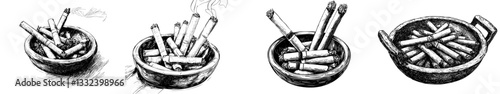 A modern illustration of an ashtray with cigarette butts is presented as a sketch engraving, suitable for a T-shirt apparel print design, created in a scratch board imitation style, as a black and