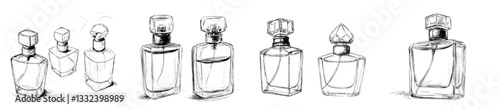 Modern fragrance bottles are depicted in a contemporary illustration