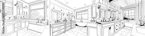 Modern black and white sketch illustration of a bathroom graphic home interior