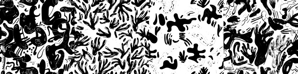 A collection of hand-drawn, multicolored shapes and doodle objects forms an abstract, contemporary, and trendy illustration with a seamless pattern suitable for wallpaper or textile prints A collection of hand-drawn, multicolored shapes and doodle objects forms an abstract, contemporary, and trendy illustration with a seamless pattern suitable for wallpaper or textile prints