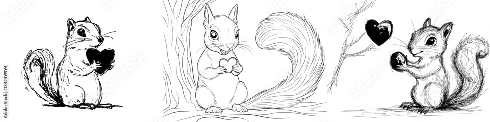 A hand drawn, black and white image of a squirrel holding a nut is depicted in a modern illustration style, with a sketch engraving aesthetic, designed for printing on T-shirt apparel, and imitating A hand drawn, black and white image of a squirrel holding a nut is depicted in a modern illustration style, with a sketch engraving aesthetic, designed for printing on T-shirt apparel, and imitating