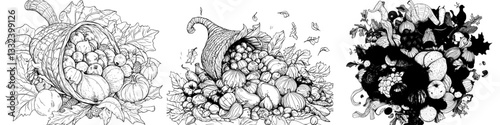 A modern illustration of a cornucopia, also known as a horn of plenty, is depicted in a sketch engraving style, suitable for a T-shirt apparel print design, created using a scratch board imitation