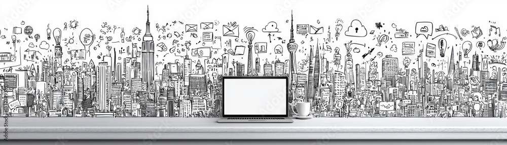 Obraz premium Laptop on desk against cityscape and internet doodles. Concept for digital nomads, remote work